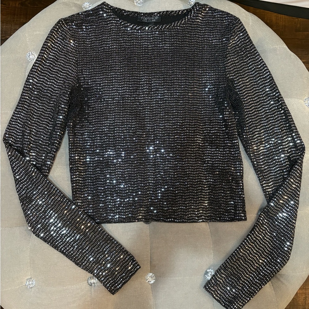Topshop Black Sequin Crop Top